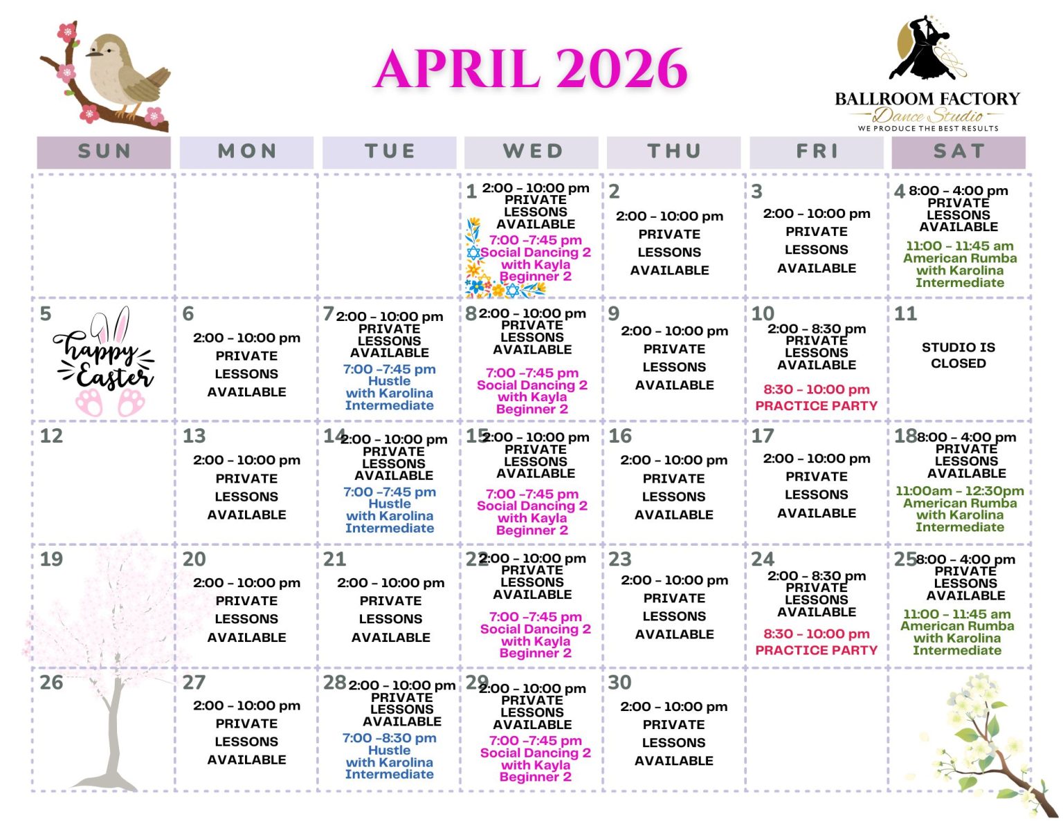 April 2026 calendar for Ballroom Factory with bird art and floral designs, listing private lessons, group classes, workshops, and practice parties. Easter is on April 5. Studio closed April 26. Business logo is in the top right corner.