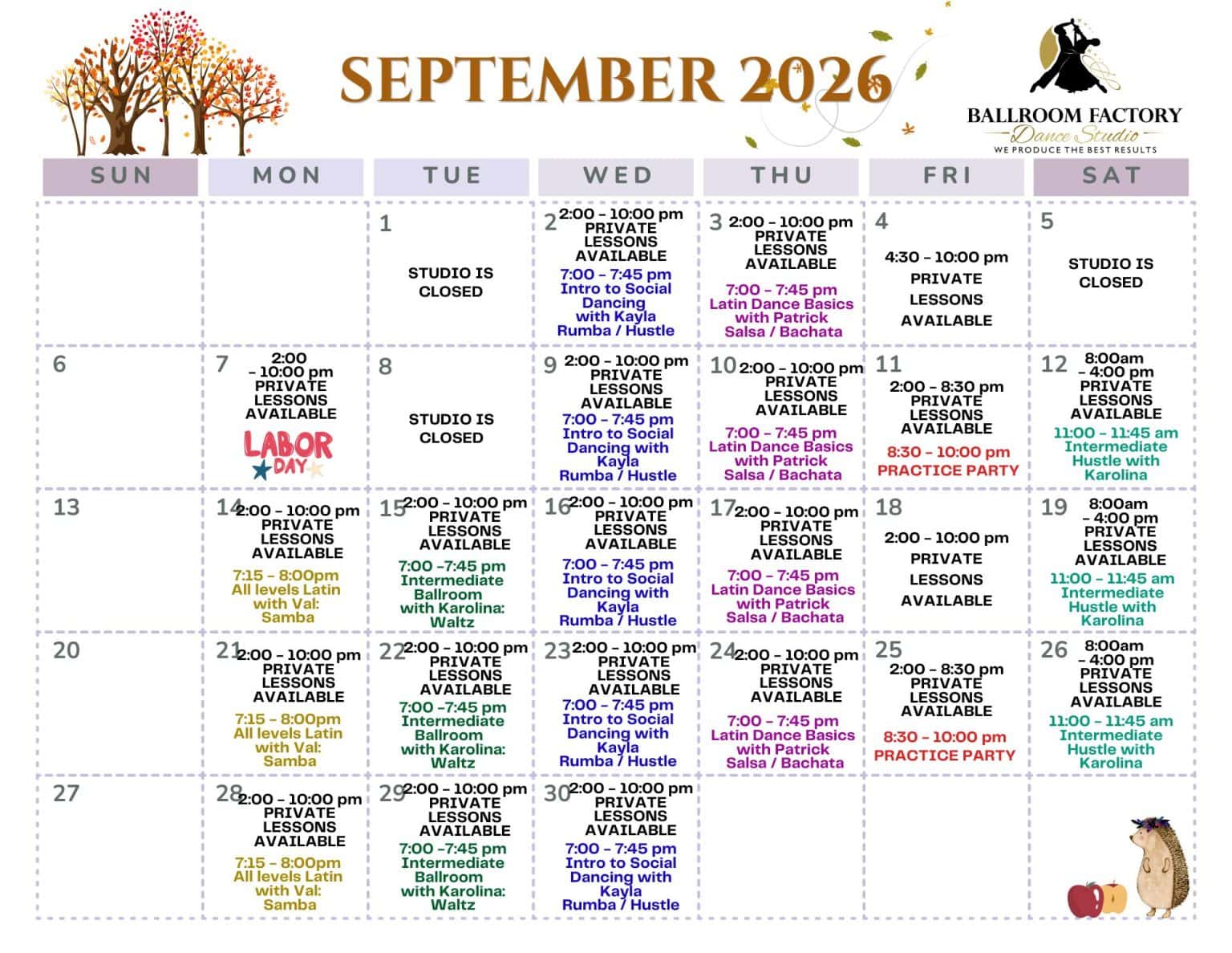 September 2026 dance studio calendar displays daily class schedules, event times, and dance styles.