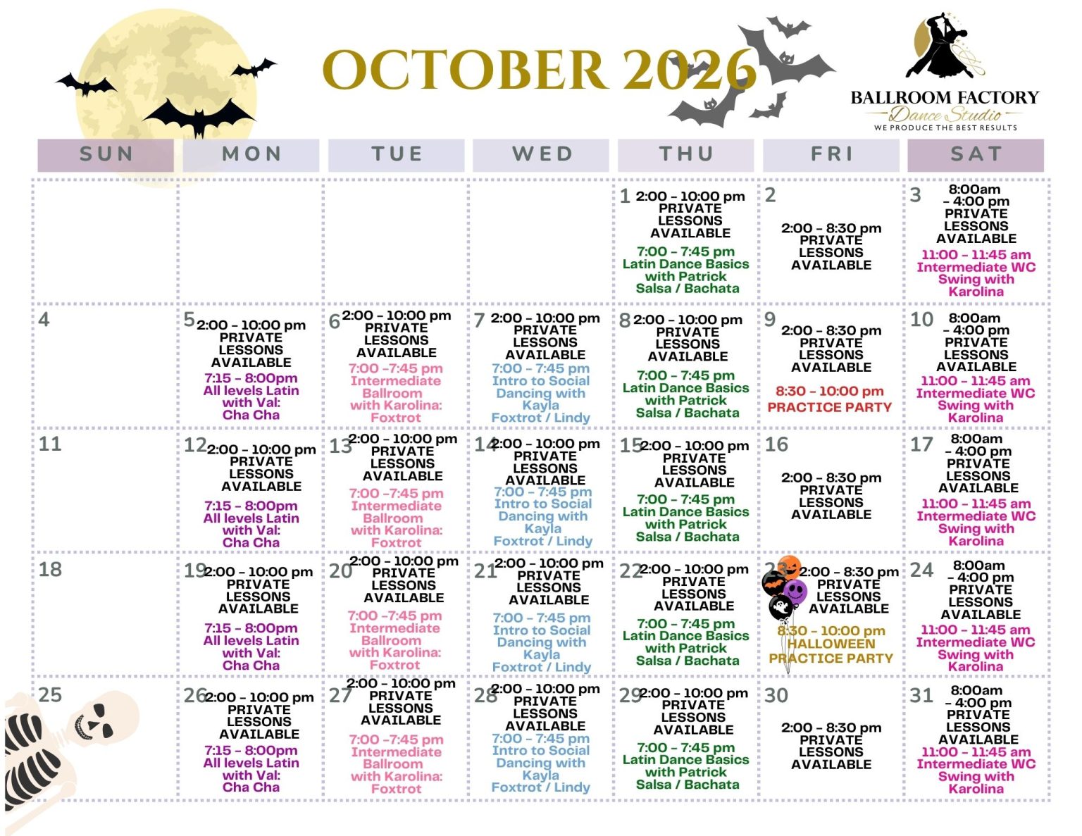 October 2026 dance studio calendar displays lesson times, party dates, and festive Halloween decorations.